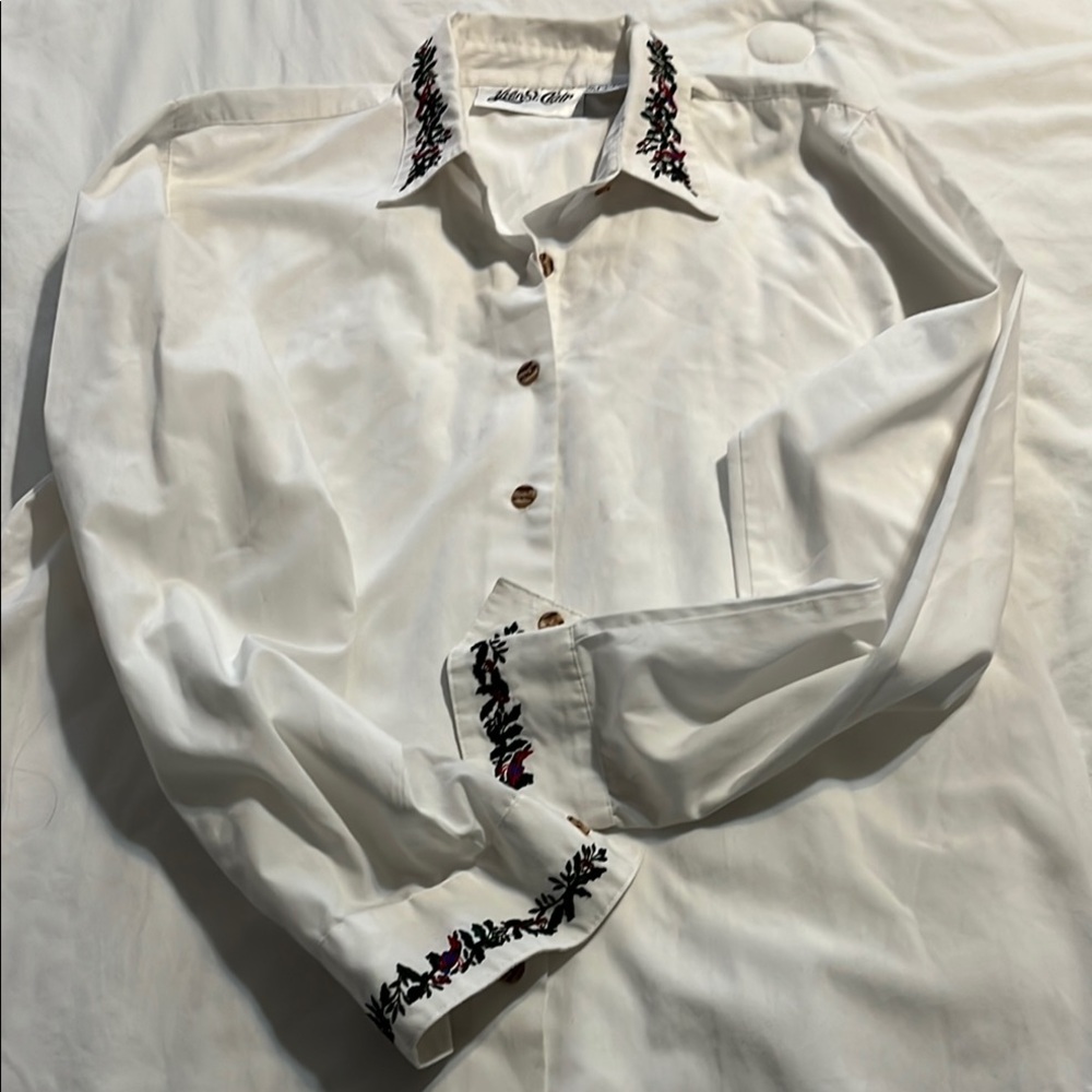 White Button-Up Shirt with Embroidered Details